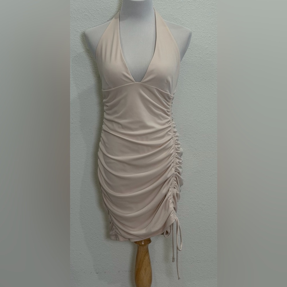 NEW Cotton Candy LA Ruched Halter Mini Dress Large Bodycon Vanilla Beige Stretch